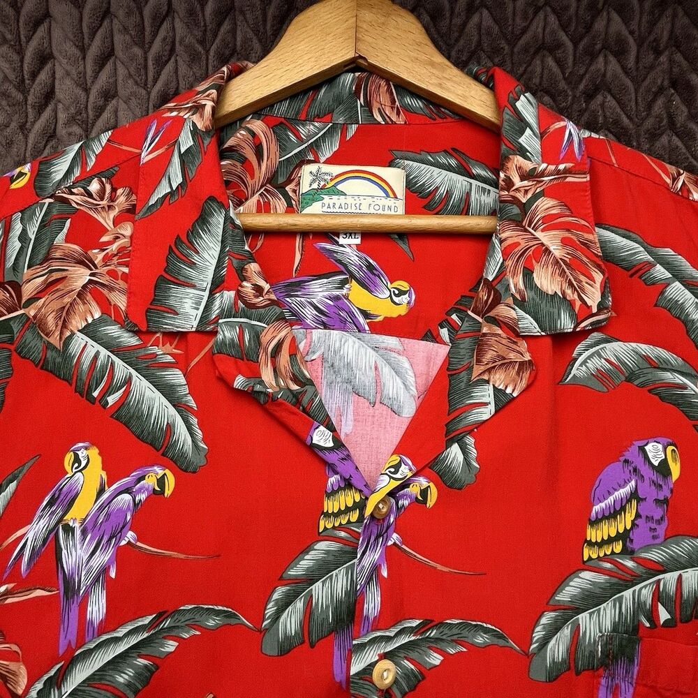Paradise Found Hawaiian Shirt Mens 3XL Red Tropical Bird Magnum PI USA Aloha